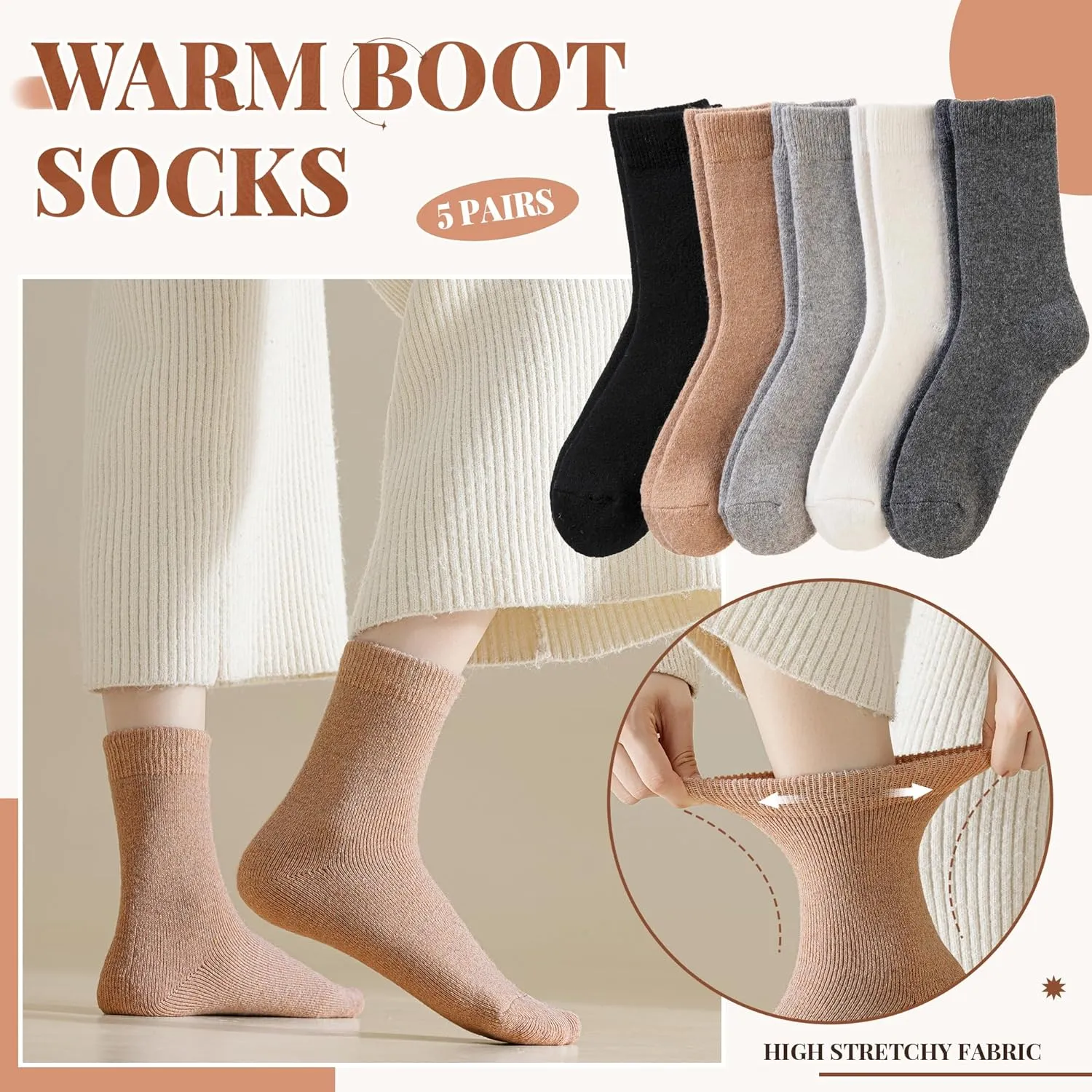 Merino Wool Socks for Women 5 Pairs Warm Winter Hiking Thick Thermal Cozy Boot Work Soft Ladies Crew Socks