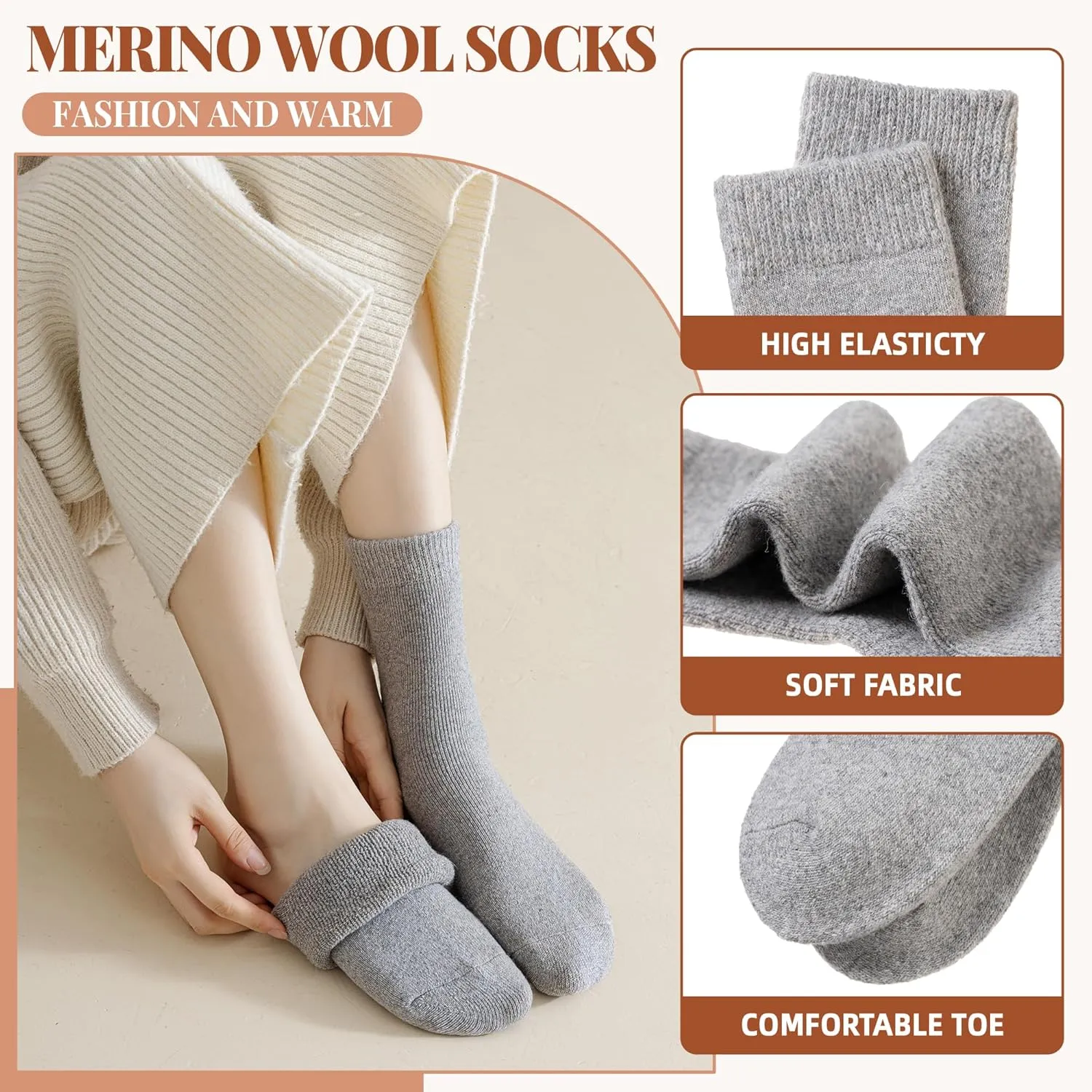 Merino Wool Socks for Women 5 Pairs Warm Winter Hiking Thick Thermal Cozy Boot Work Soft Ladies Crew Socks