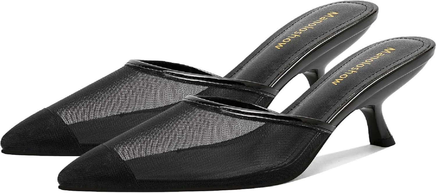 Mesh Backless Mules Heels Pumps Comfy Slippers Evening Dress Sandals Pointed Toe Women Shoes Detail 2in Heels