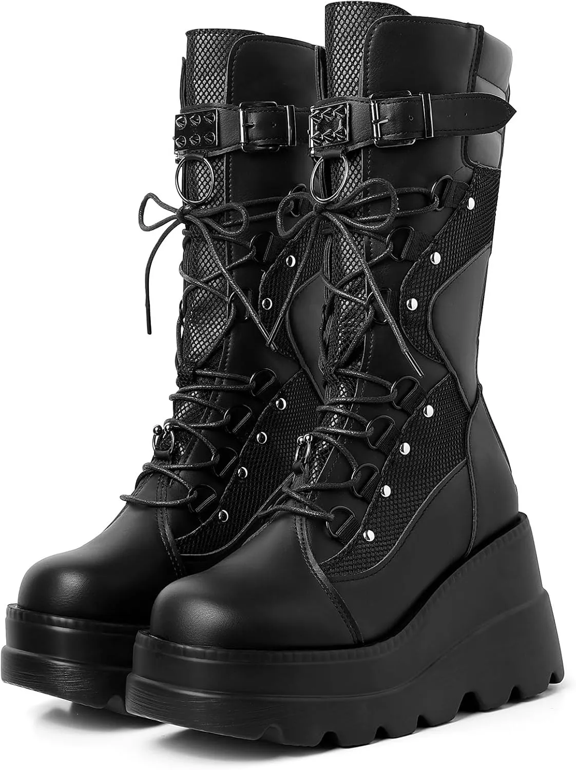mikarka Womens Holographic Platform Mid Calf Combat Boots Lace Up Wedge Heel Studded Goth Knee High Boots