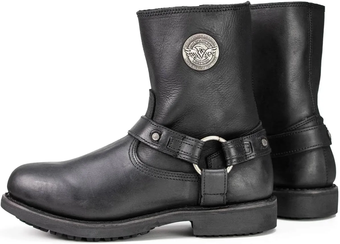 Milwaukee Leather MBM9042 Men's Black Ruf Leather Short Harness Motorcycle Boots w/Inside Zipper - 8.5