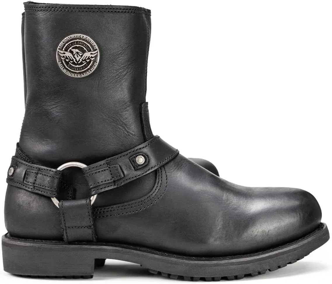 Milwaukee Leather MBM9042 Men's Black Ruf Leather Short Harness Motorcycle Boots w/Inside Zipper - 8.5