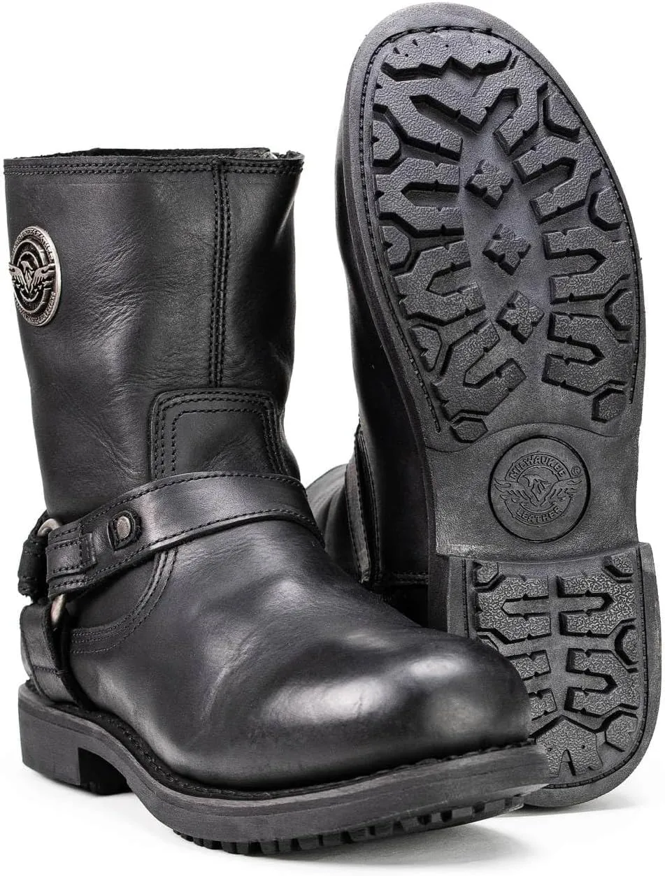 Milwaukee Leather MBM9042 Men's Black Ruf Leather Short Harness Motorcycle Boots w/Inside Zipper - 8.5