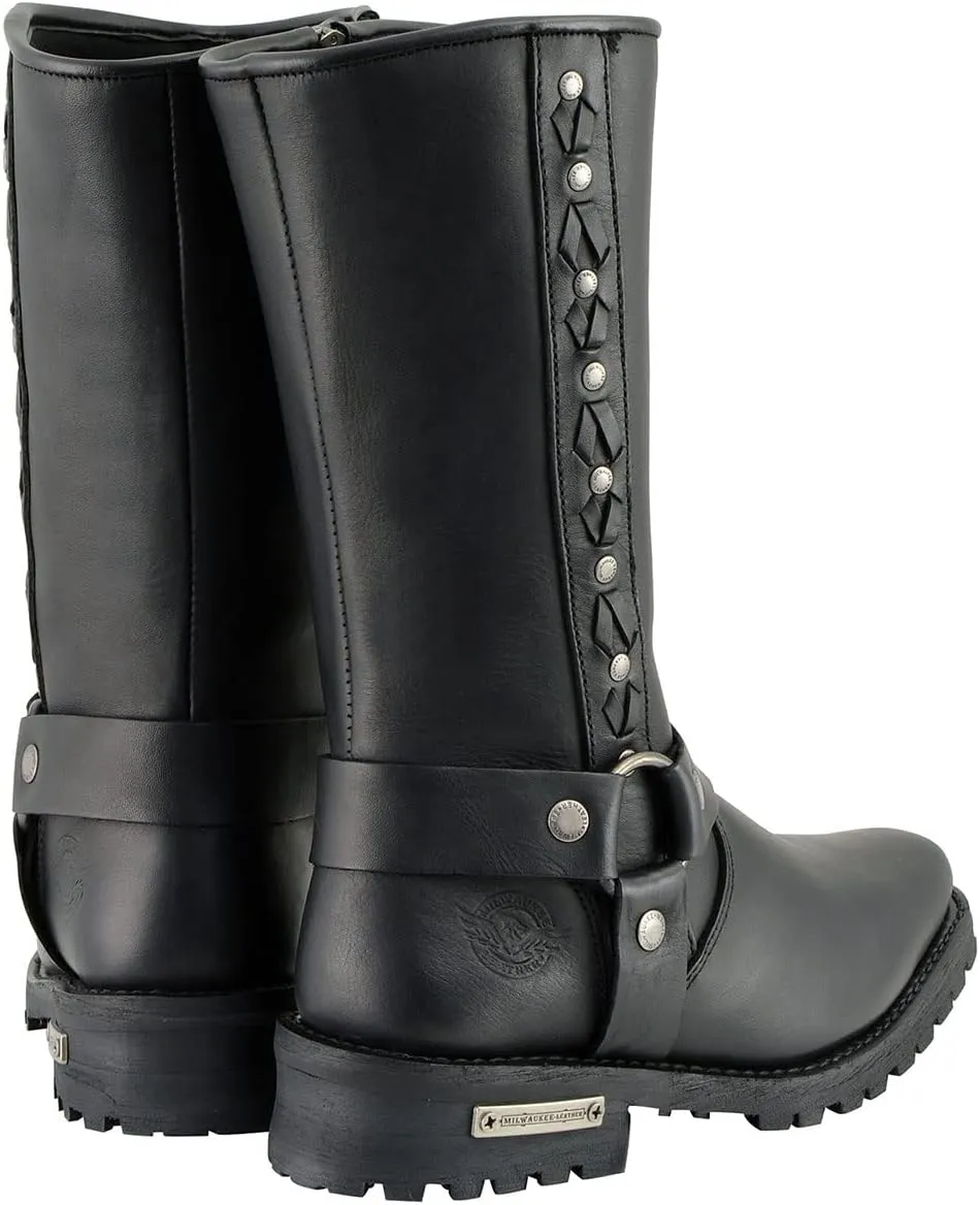 Milwaukee Leather Men's Black Leather Harness Motorcycle Boots with Braid and Riveted Details MBM9025