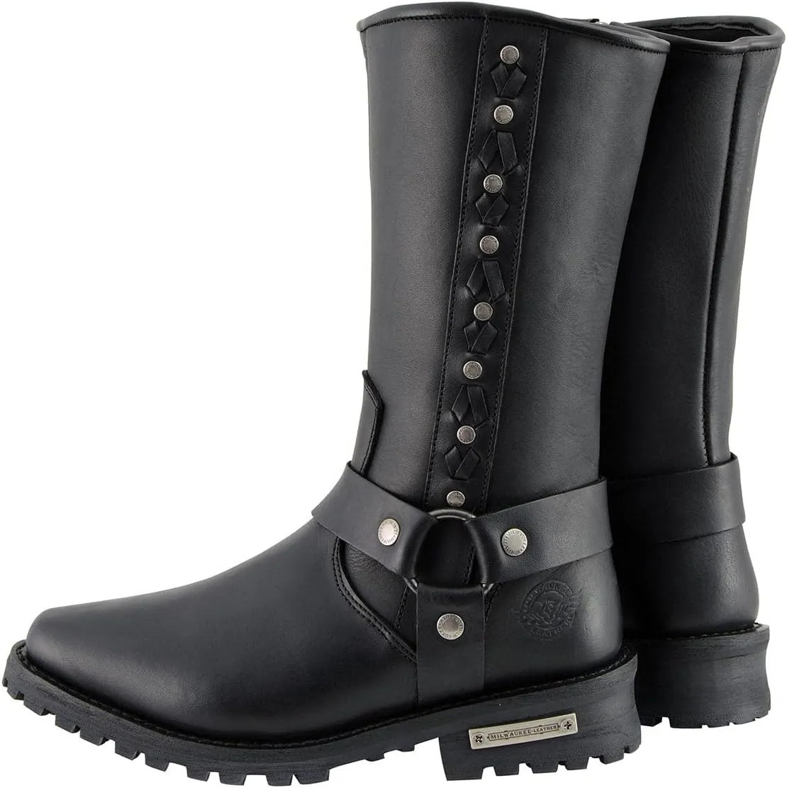 Milwaukee Leather Men's Black Leather Harness Motorcycle Boots with Braid and Riveted Details MBM9025