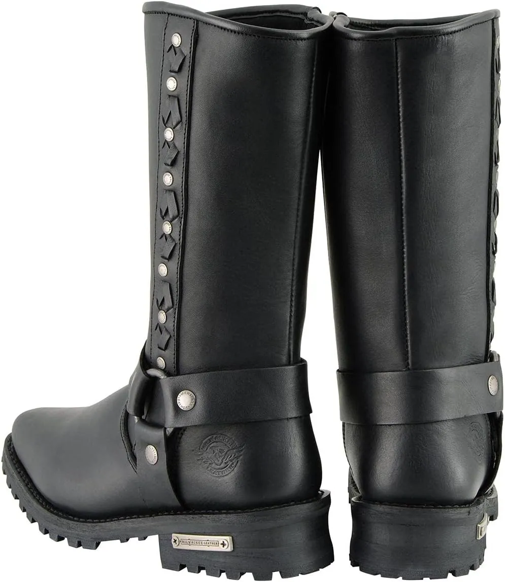 Milwaukee Leather Men's Black Leather Harness Motorcycle Boots with Braid and Riveted Details MBM9025