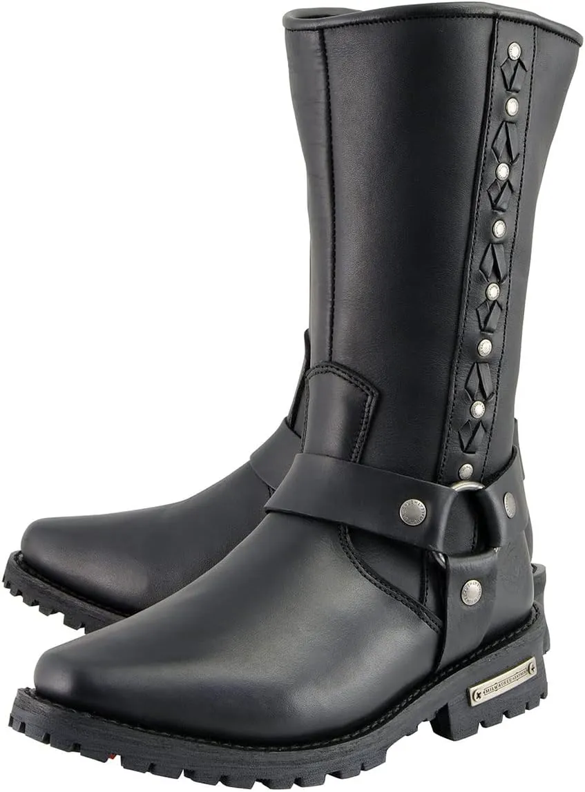 Milwaukee Leather Men's Black Leather Harness Motorcycle Boots with Braid and Riveted Details MBM9025