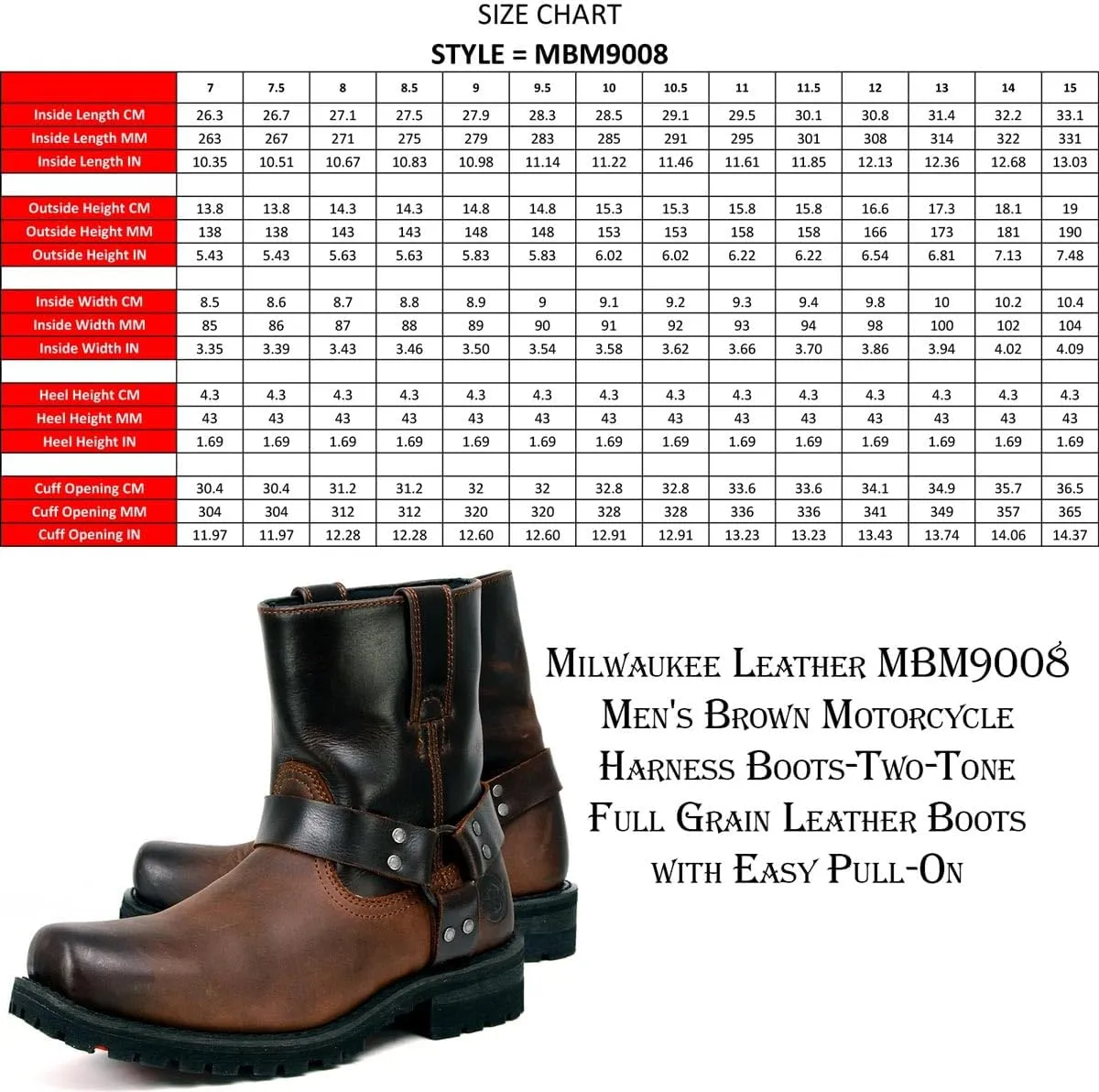 Milwaukee Leather Men's Brown Two-Tone Full Grain Leather Easy Pull-On Motorcycle Harness Boots MBM9008