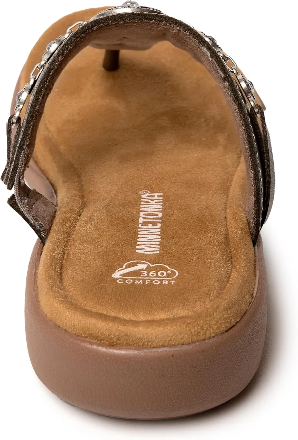 Minnetonka Brenn - Double Band Slide Sandals for Women Handcrafted with Classic Slip-On Silhouette Design, Padded Rubber Soles, and Metal Accents and Ornaments