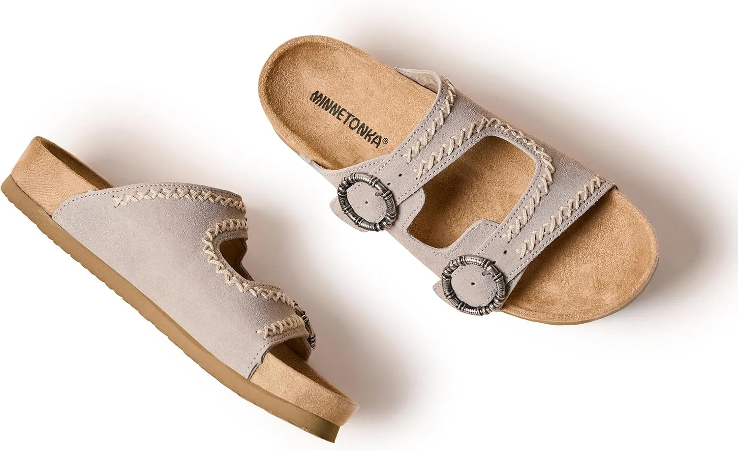 Minnetonka Georgine – Women’s Two Strap Sandals with Two Buckle Adjustable Straps, Metal Accents, and Microfiber Lining