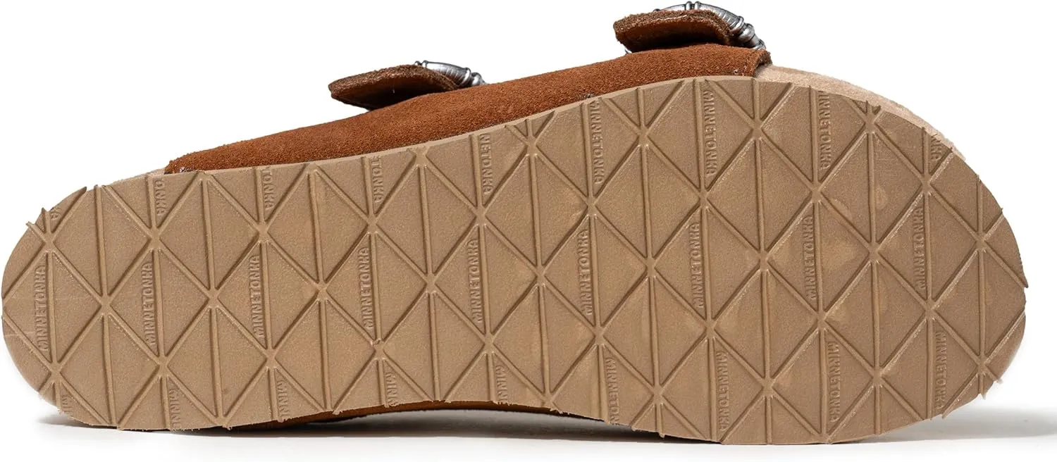 Minnetonka Georgine – Women’s Two Strap Sandals with Two Buckle Adjustable Straps, Metal Accents, and Microfiber Lining