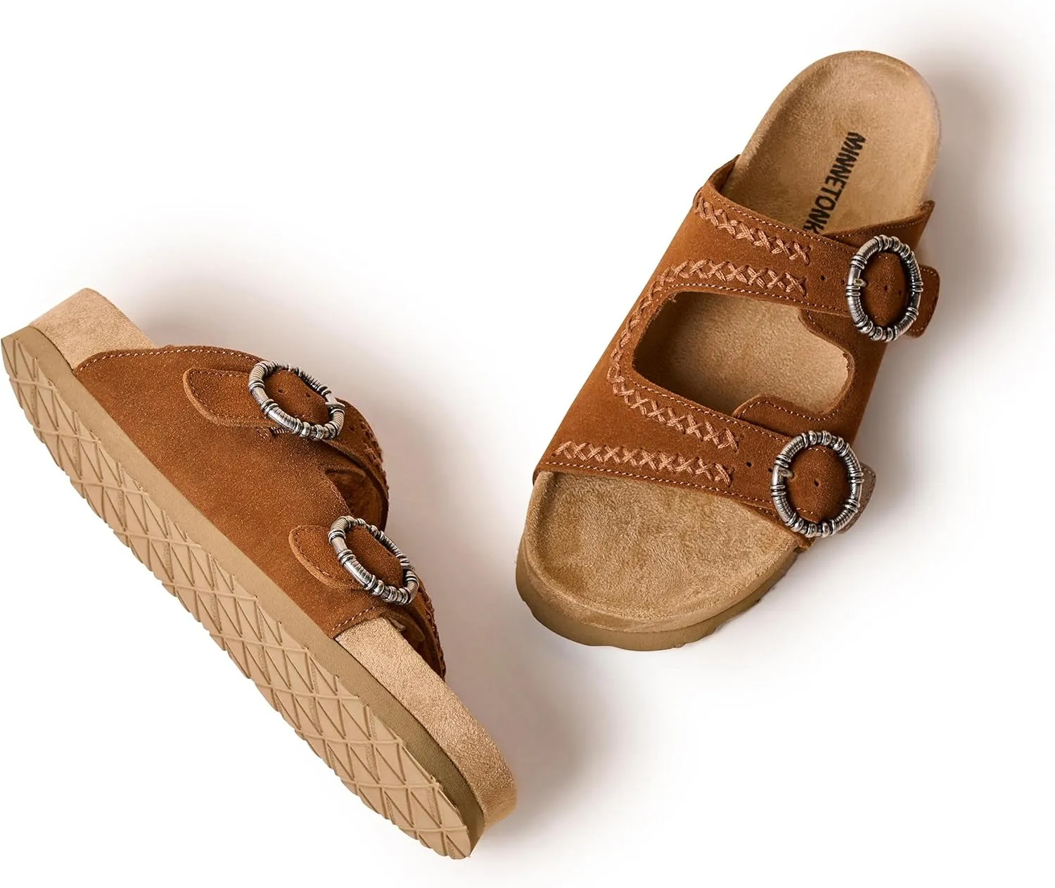 Minnetonka Georgine – Women’s Two Strap Sandals with Two Buckle Adjustable Straps, Metal Accents, and Microfiber Lining