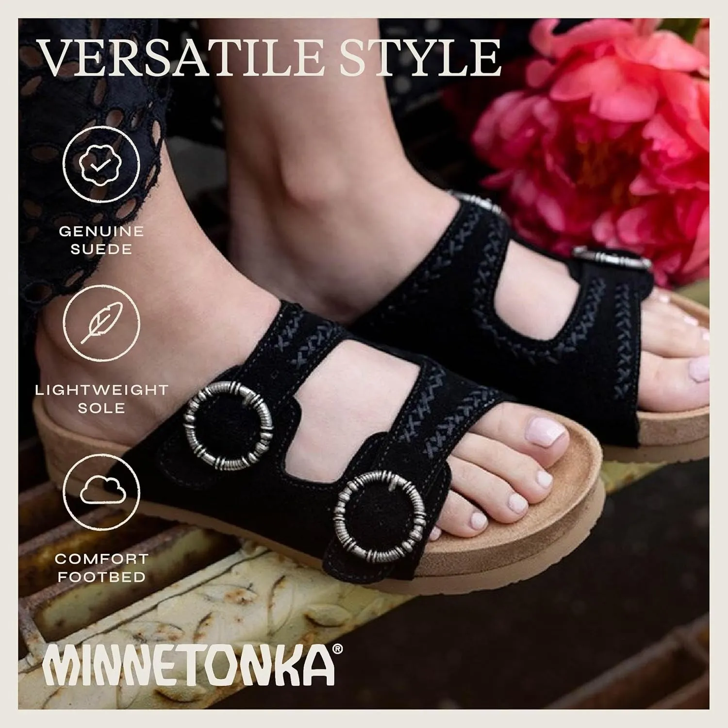 Minnetonka Georgine – Women’s Two Strap Sandals with Two Buckle Adjustable Straps, Metal Accents, and Microfiber Lining