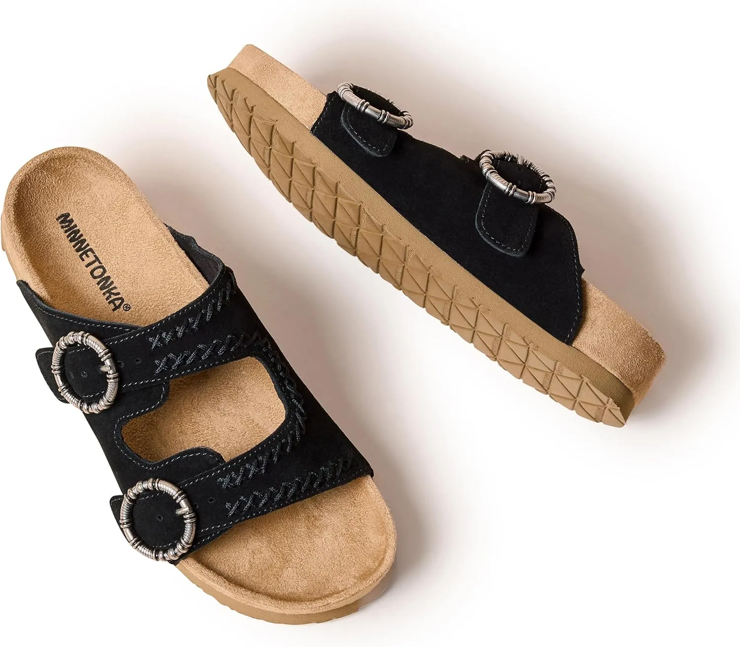 Minnetonka Georgine – Women’s Two Strap Sandals with Two Buckle Adjustable Straps, Metal Accents, and Microfiber Lining