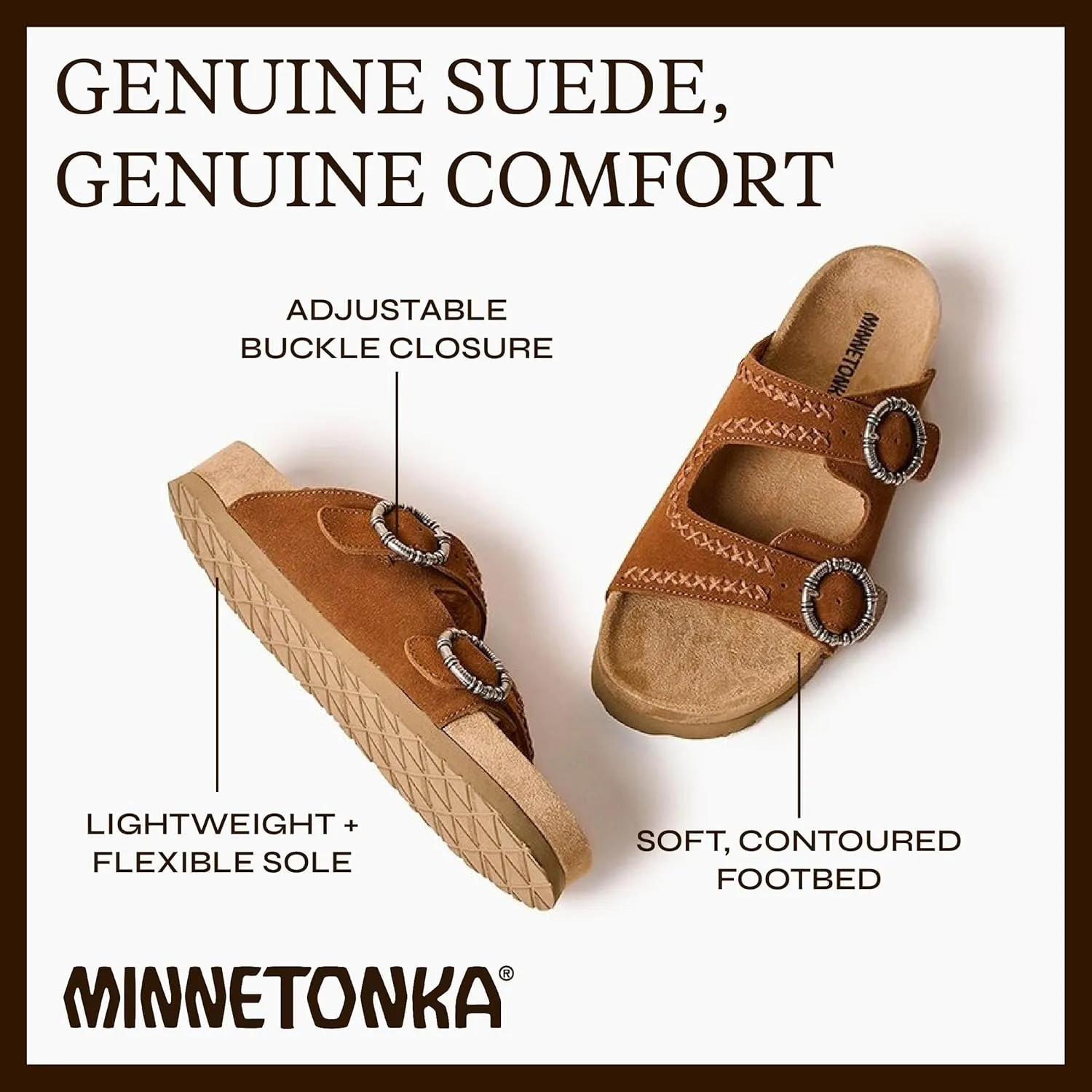Minnetonka Georgine – Women’s Two Strap Sandals with Two Buckle Adjustable Straps, Metal Accents, and Microfiber Lining