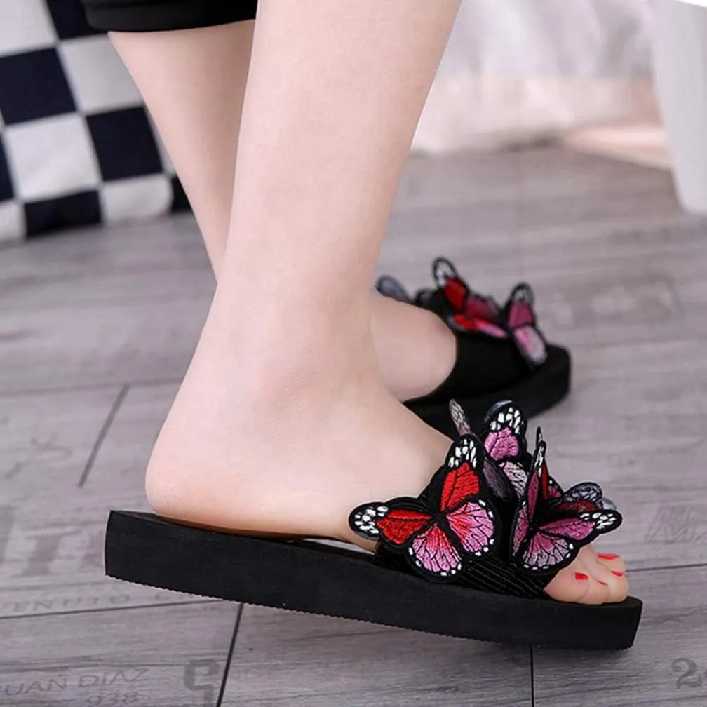 MIOKE Summer Flat Slide Sandals For Womens Butterfly Platform Low Heel Comfy Nonslip Casual Beach Sandals