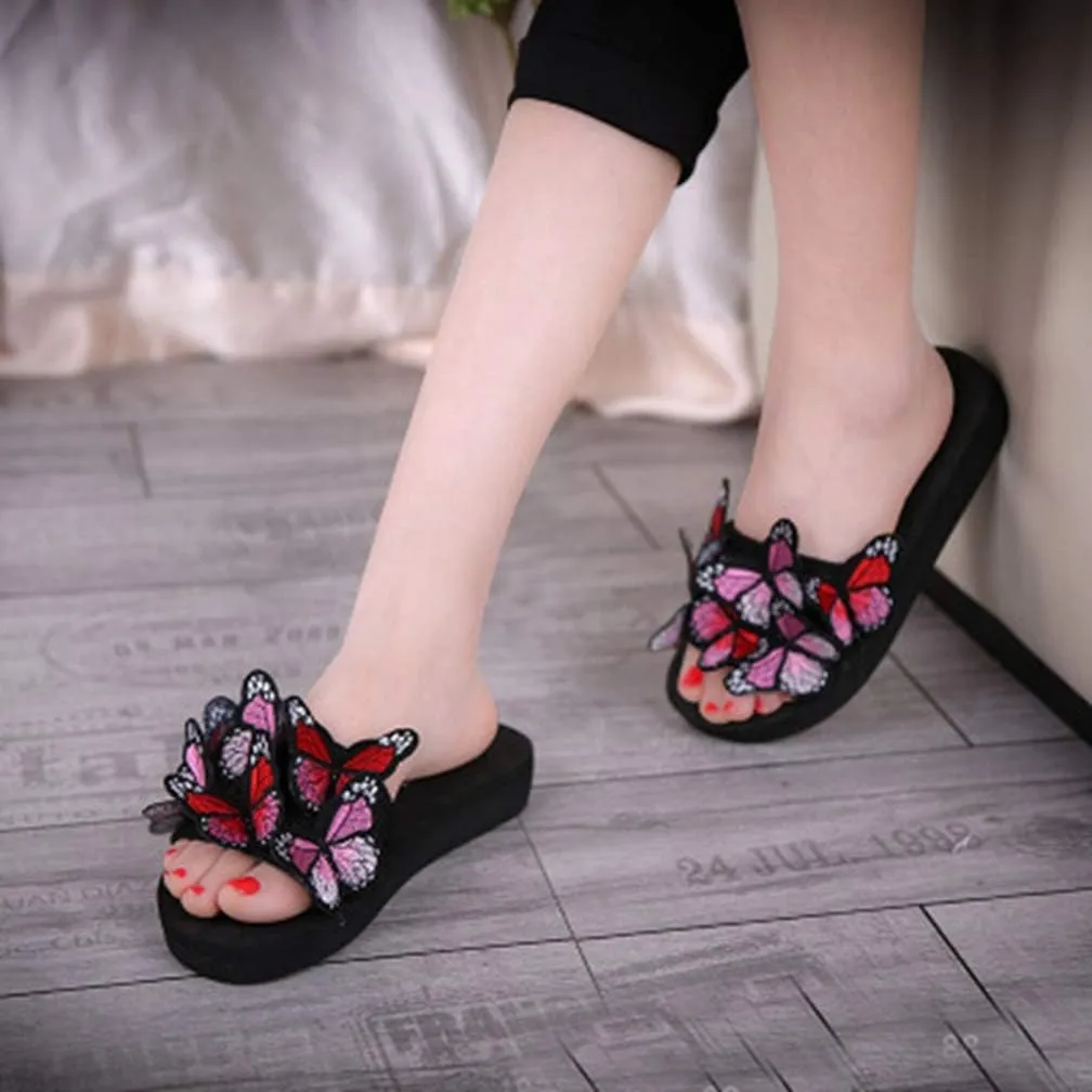 MIOKE Summer Flat Slide Sandals For Womens Butterfly Platform Low Heel Comfy Nonslip Casual Beach Sandals