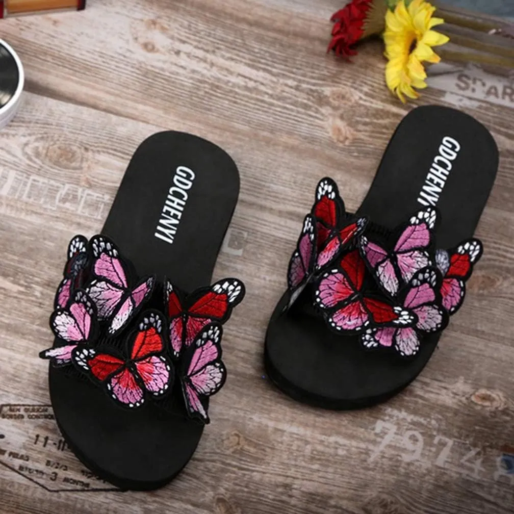 MIOKE Summer Flat Slide Sandals For Womens Butterfly Platform Low Heel Comfy Nonslip Casual Beach Sandals