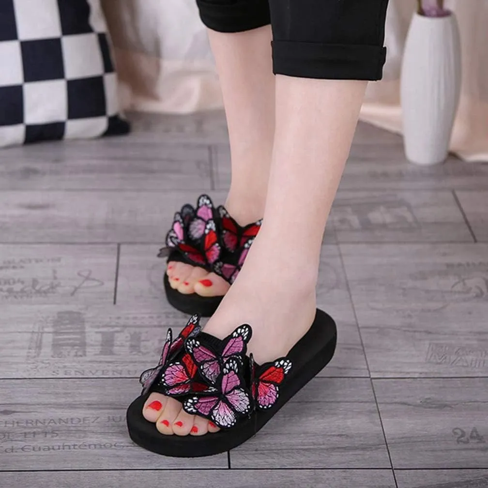 MIOKE Summer Flat Slide Sandals For Womens Butterfly Platform Low Heel Comfy Nonslip Casual Beach Sandals
