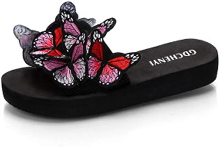 MIOKE Summer Flat Slide Sandals For Womens Butterfly Platform Low Heel Comfy Nonslip Casual Beach Sandals