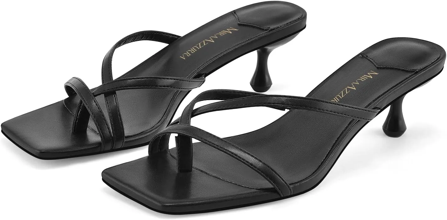 MIRAAZZURRA Flip Flop Kitten Heels Square Open Toe Thong Low Heels Strappy Slip On Slide Sandals Daily Party Shoes