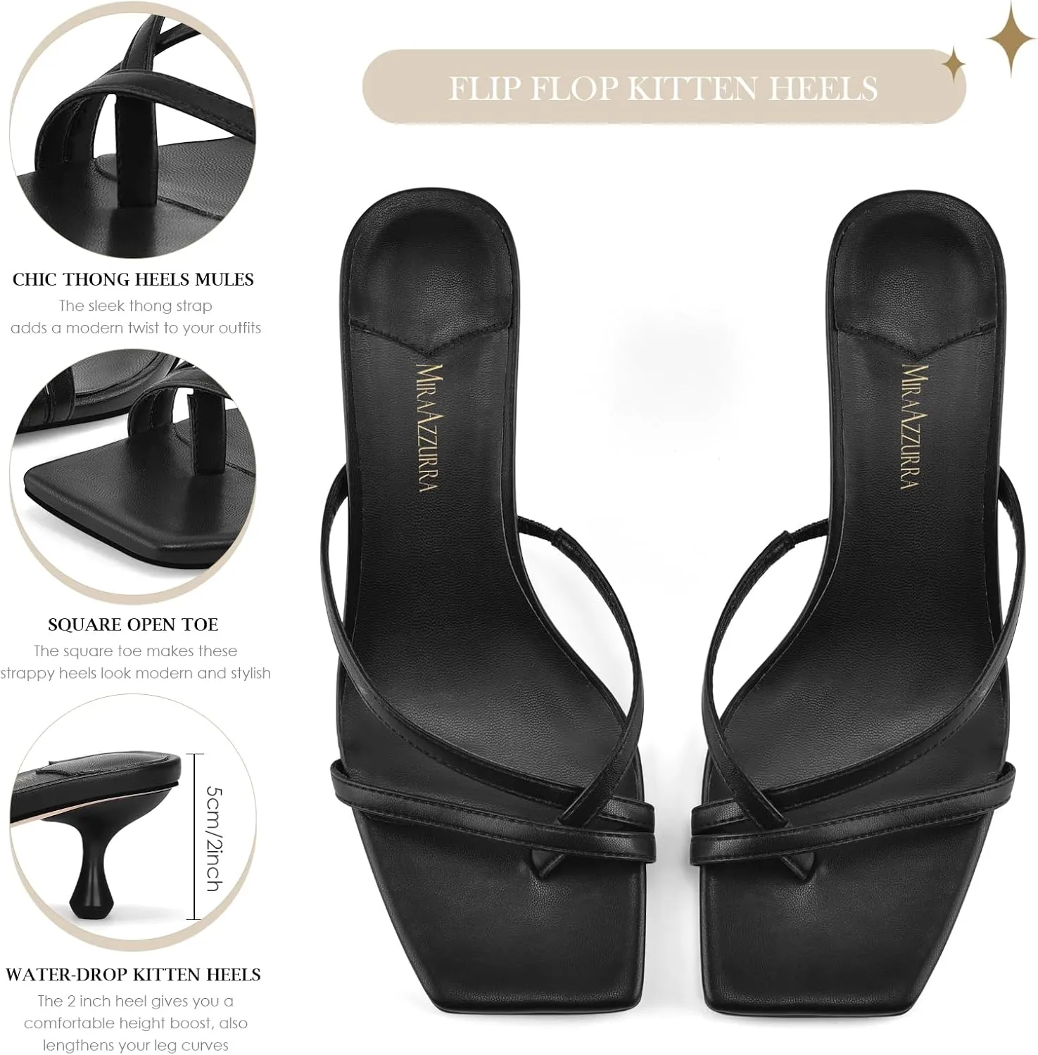 MIRAAZZURRA Flip Flop Kitten Heels Square Open Toe Thong Low Heels Strappy Slip On Slide Sandals Daily Party Shoes