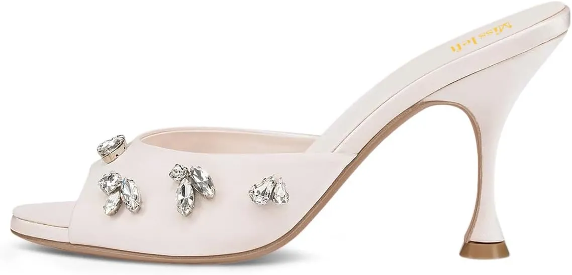 miss left Women Elegant Open Peep Toe Rhinestone Mules Thin High Heel Slip On Slippers Stylish Ballroom Dress Sandals Shoes Size 4-16 US