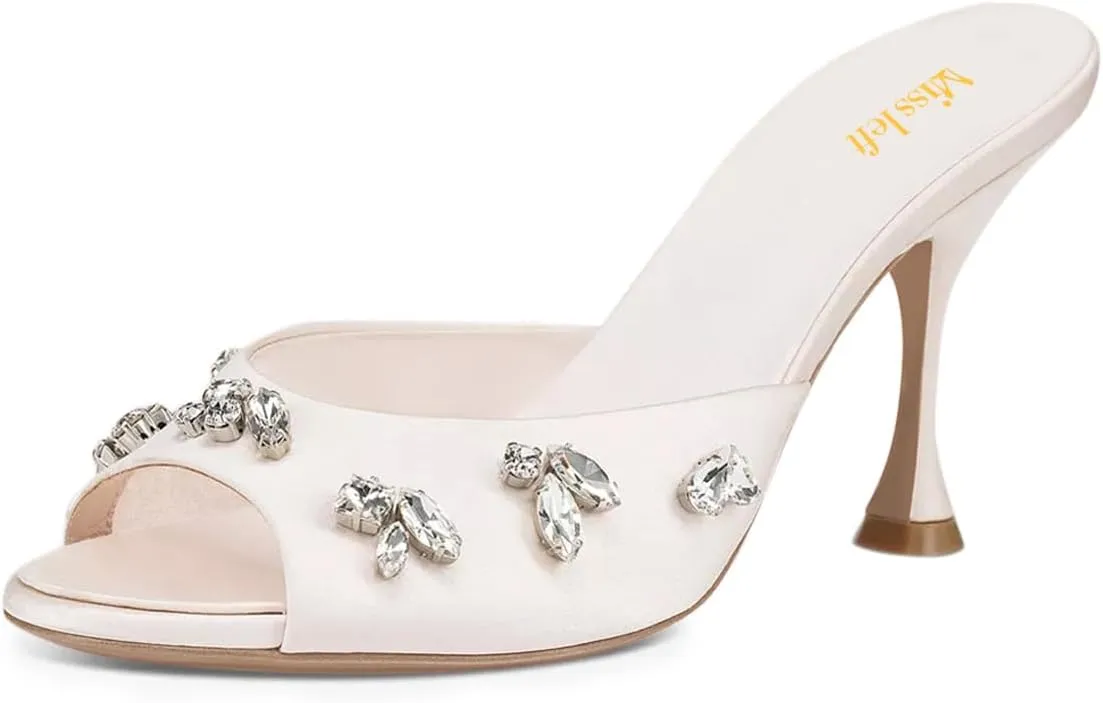 miss left Women Elegant Open Peep Toe Rhinestone Mules Thin High Heel Slip On Slippers Stylish Ballroom Dress Sandals Shoes Size 4-16 US