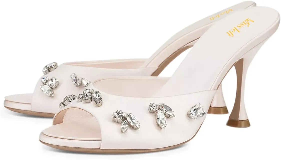miss left Women Elegant Open Peep Toe Rhinestone Mules Thin High Heel Slip On Slippers Stylish Ballroom Dress Sandals Shoes Size 4-16 US