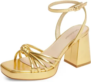Modatope Platform Bow Sandals for Women Chunky Heel Strappy Platform Heels Square Open Toe Heeled Sandals Ankle Strap Block Heel Sanadals