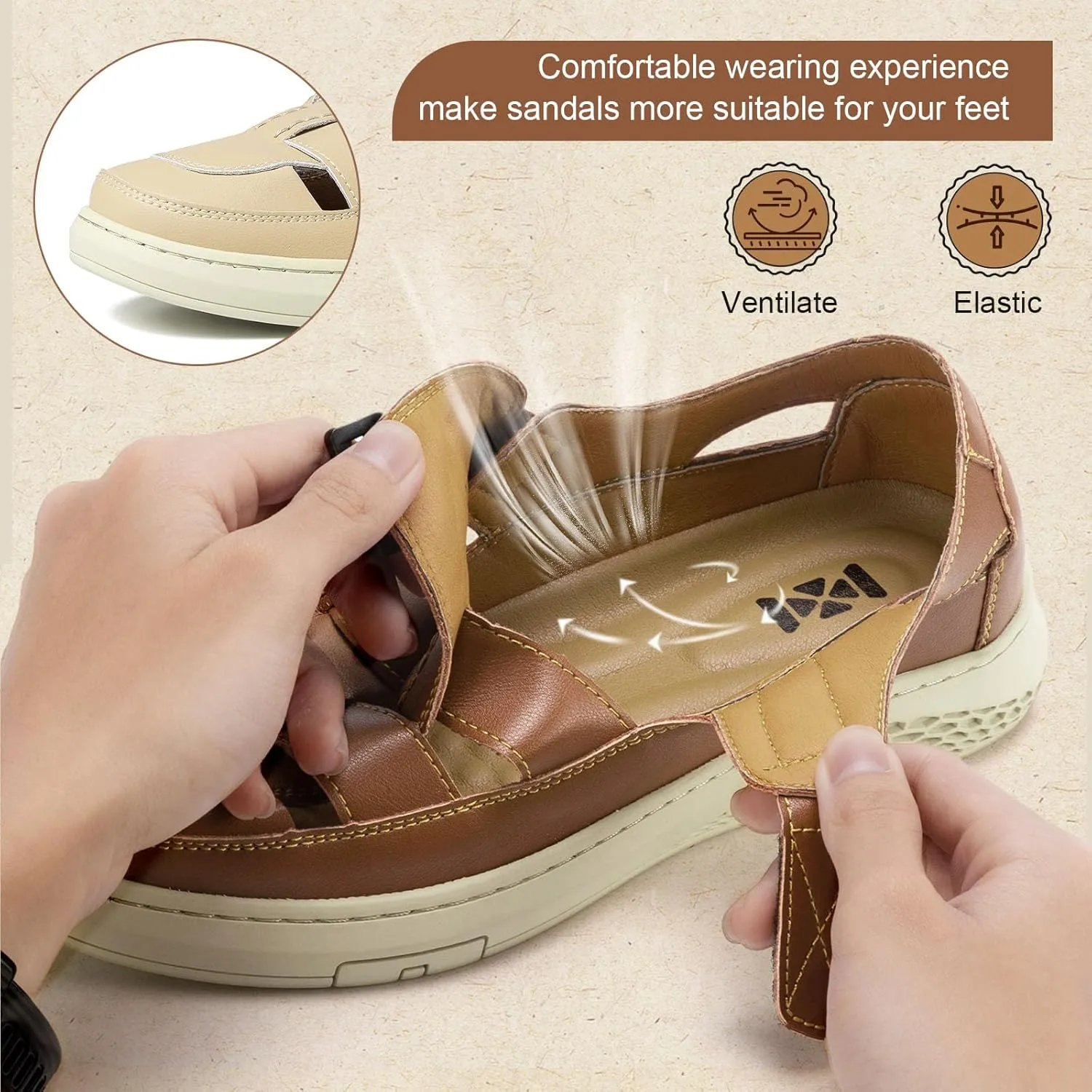 Moodeng Men's Sandals Causal Leather Sandals Outdoor Sport Sandals Lightweight Arch Support Walking Loafers