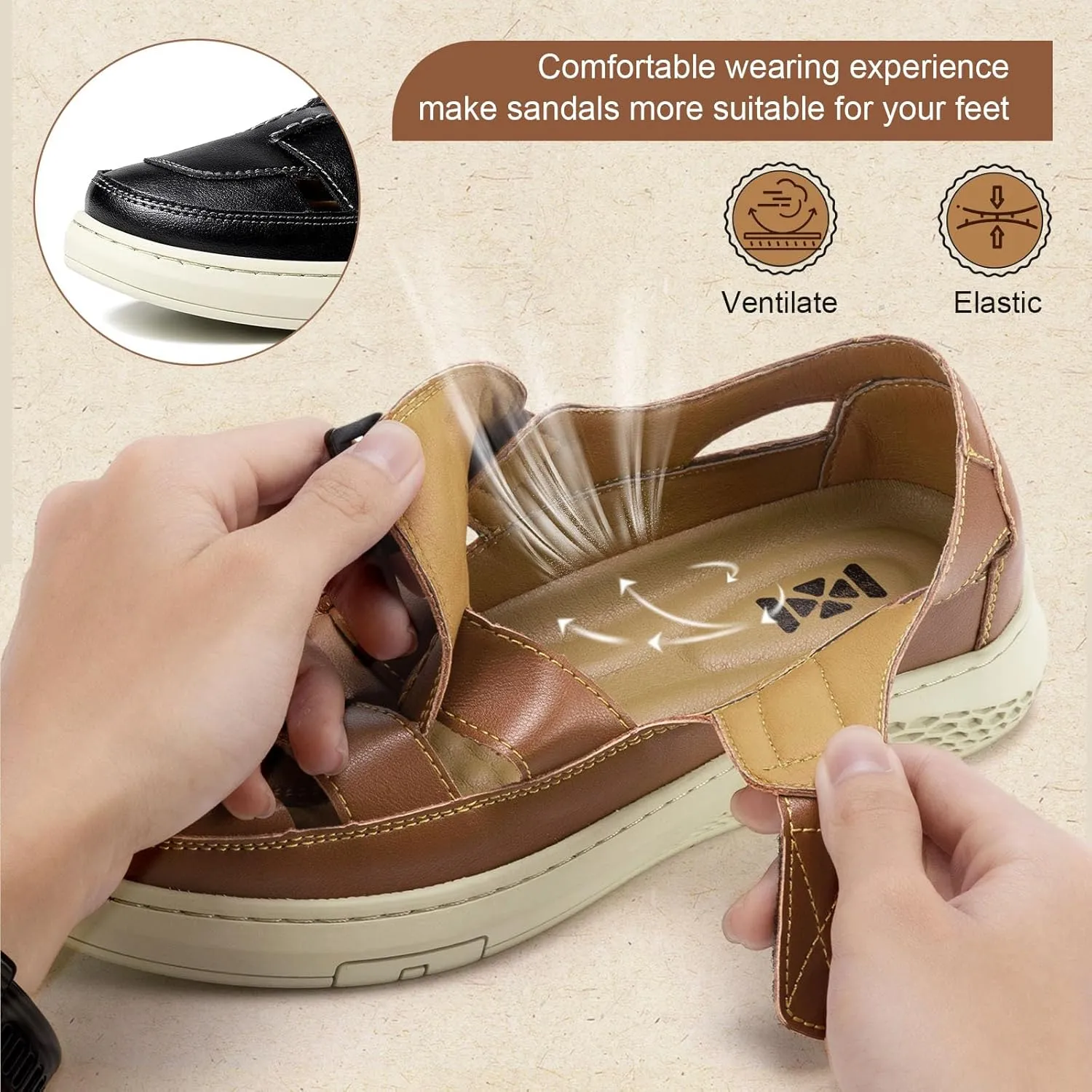 Moodeng Men's Sandals Causal Leather Sandals Outdoor Sport Sandals Lightweight Arch Support Walking Loafers