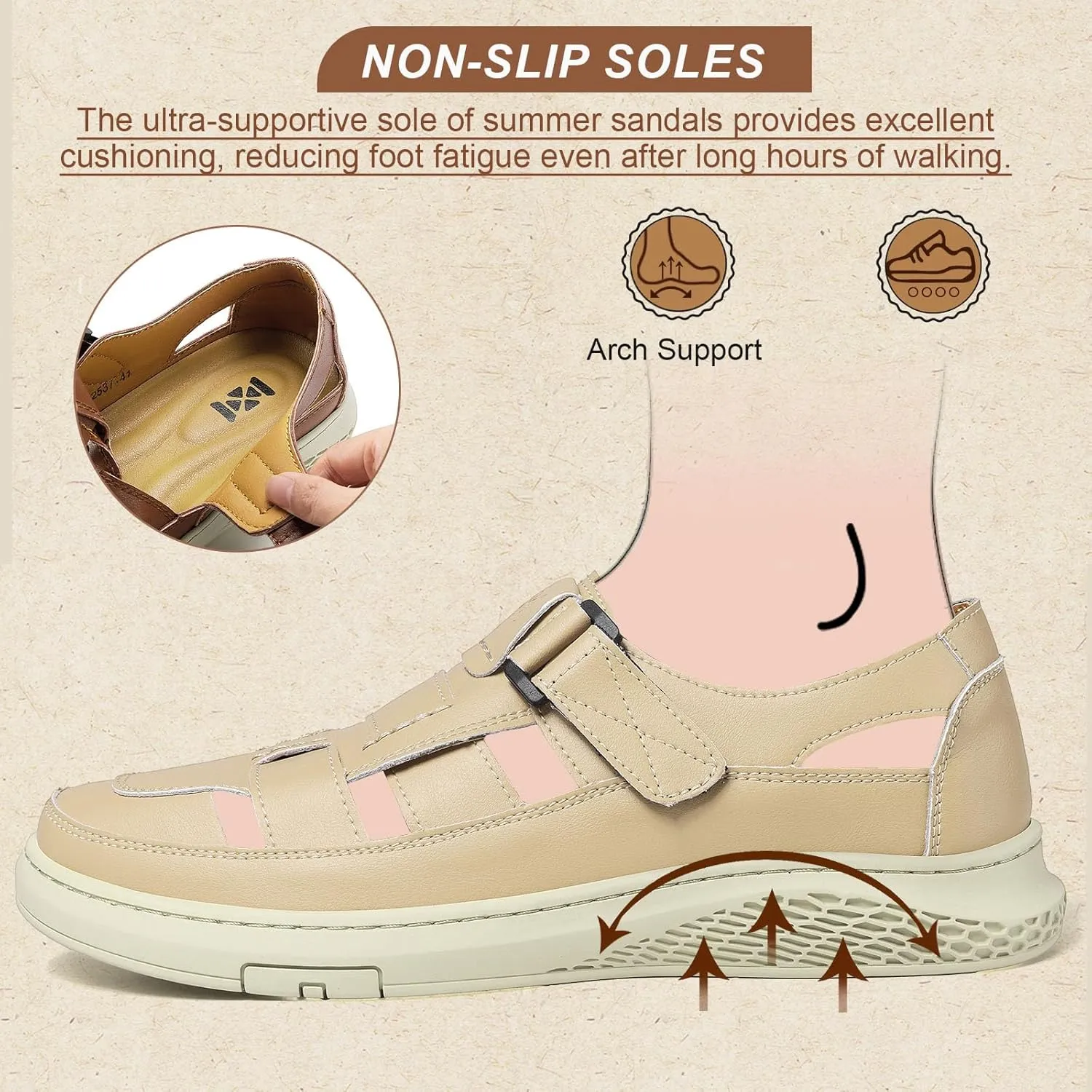Moodeng Men's Sandals Causal Leather Sandals Outdoor Sport Sandals Lightweight Arch Support Walking Loafers