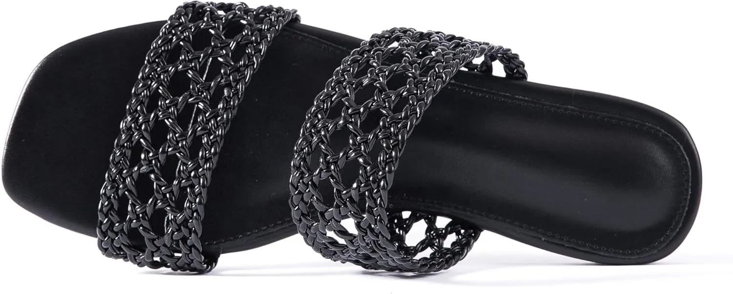 Mtzyoa Women's Sandals Casual Braided Dressy Summer Square Toe Quilted Flat Sandals