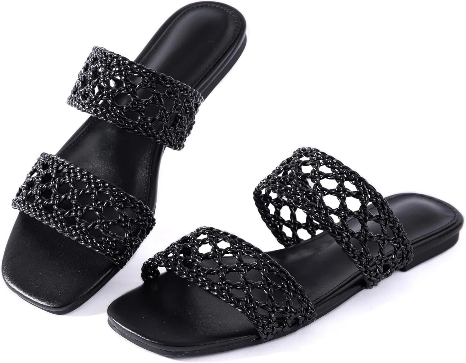 Mtzyoa Women's Sandals Casual Braided Dressy Summer Square Toe Quilted Flat Sandals