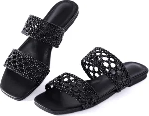 Mtzyoa Women's Sandals Casual Braided Dressy Summer Square Toe Quilted Flat Sandals