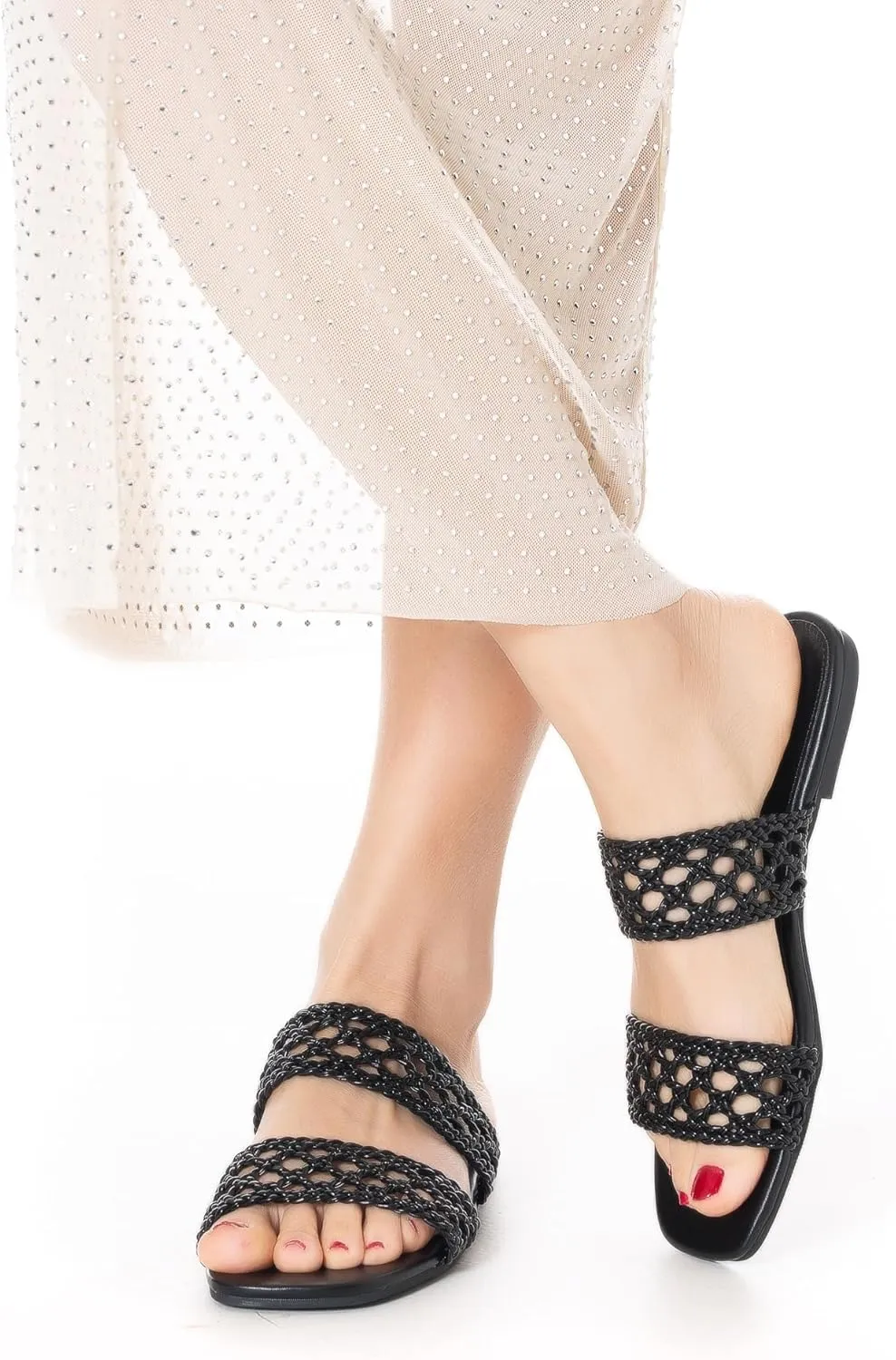 Mtzyoa Women's Sandals Casual Braided Dressy Summer Square Toe Quilted Flat Sandals