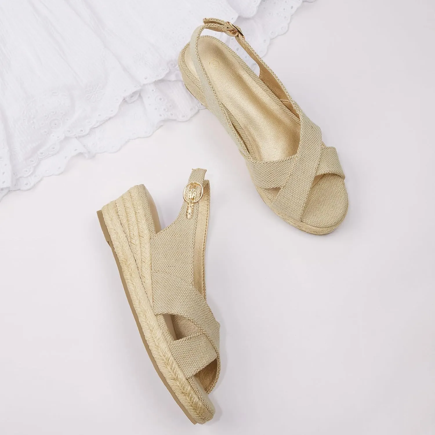 mysoft Women's Espadrille Sandals Low Wedge Platform Open Toe Slingback Ankle Strap Criss Cross Slip On Summer Shoes