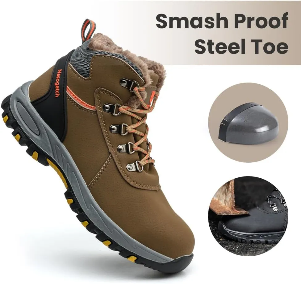 Nasogetch Steel Toe Boots for Men Women Work Boots Comfortable Lightweight Steel Toe Shoes Puncture Proof Non Slip Work Shoes Fleece-Lined