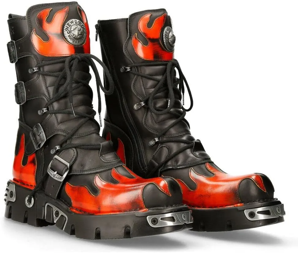 New Rock Boots 591 Flame Metallic Leather Women's Goth Punk Biker Fashion