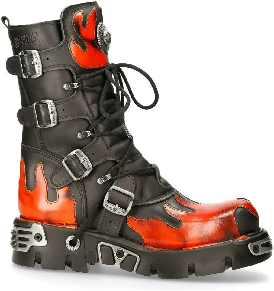 New Rock Boots 591 Flame Metallic Leather Women's Goth Punk Biker Fashion