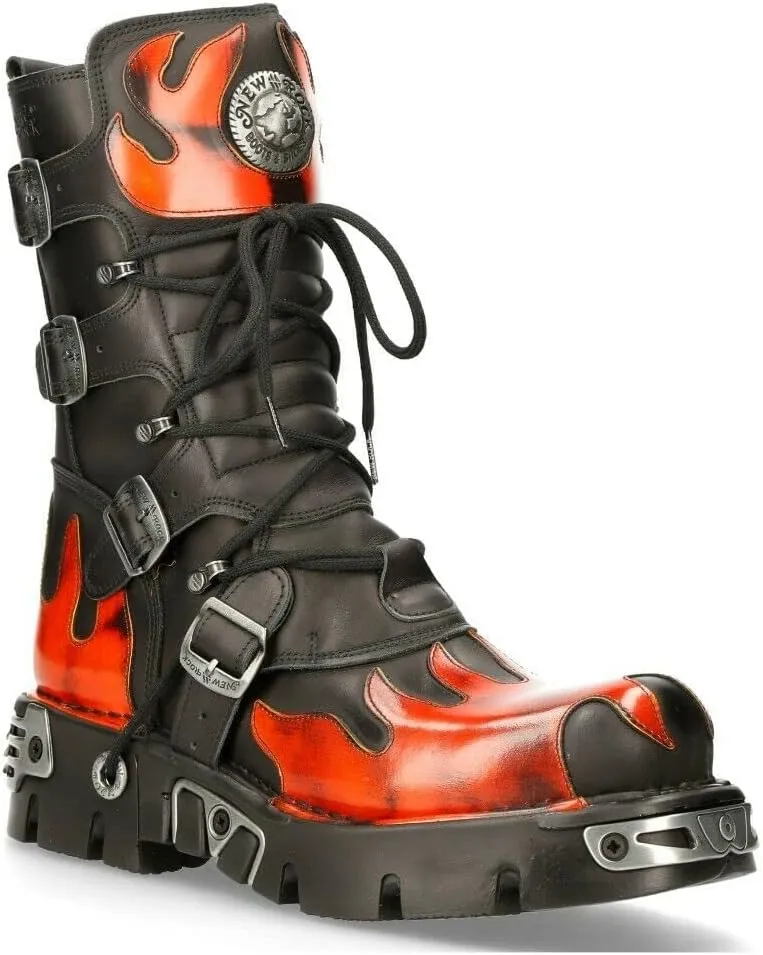 New Rock Boots 591 Flame Metallic Leather Women's Goth Punk Biker Fashion