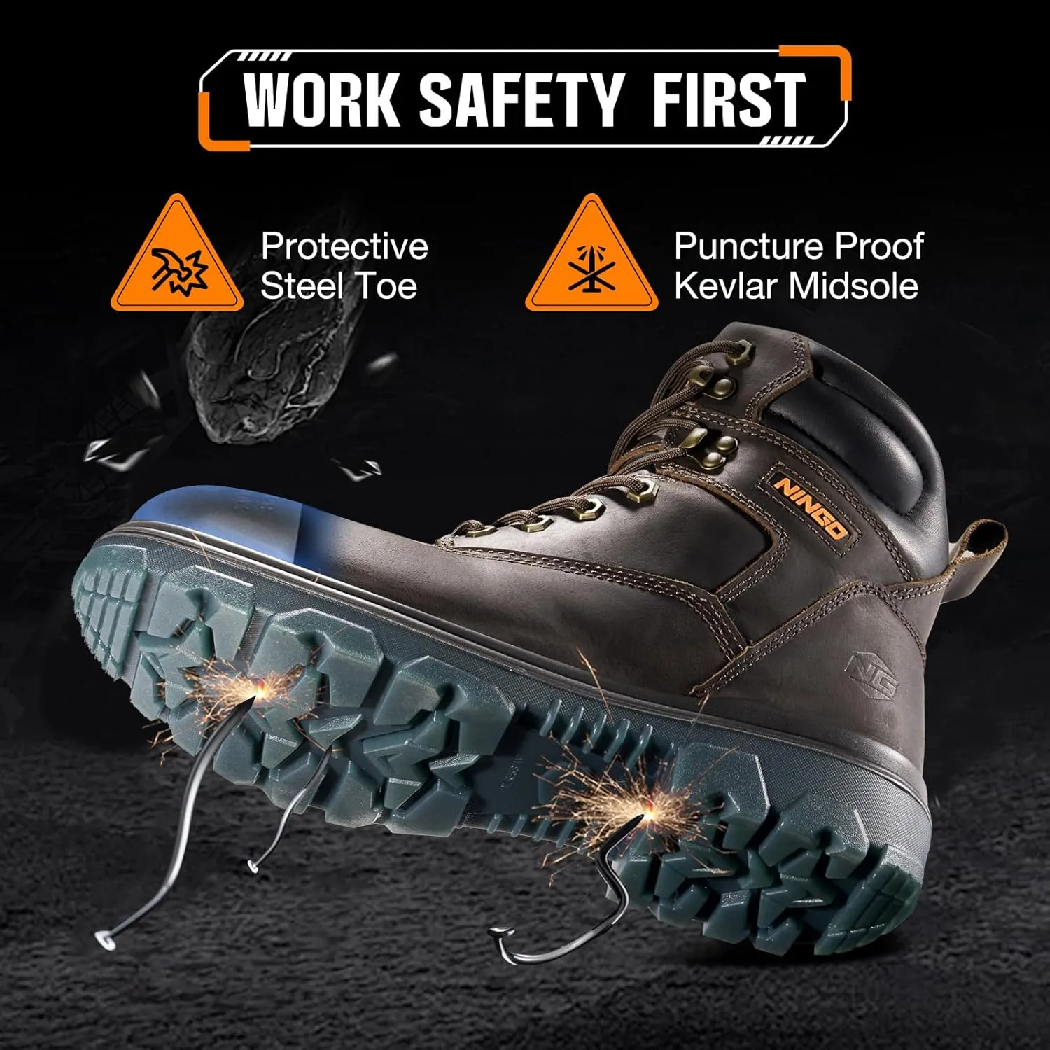 NINGO Steel Toe Work Boots for Men, Waterproof Work Boot with Puncture Proof, Oil & Slip Resistant, Comfortable Mens Construction Boots with EH Protection, Leather Shoes for Industrial