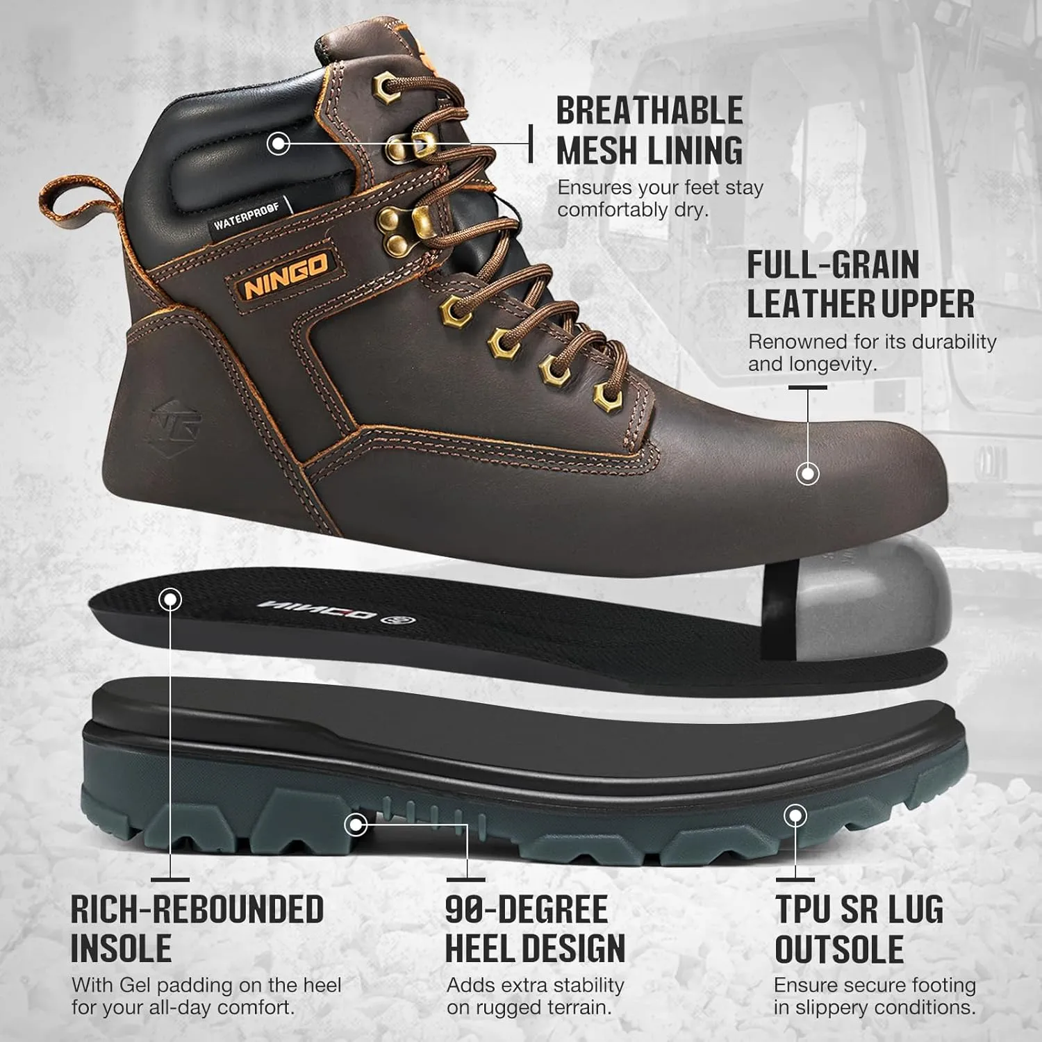 NINGO Steel Toe Work Boots for Men, Waterproof Work Boot with Puncture Proof, Oil & Slip Resistant, Comfortable Mens Construction Boots with EH Protection, Leather Shoes for Industrial