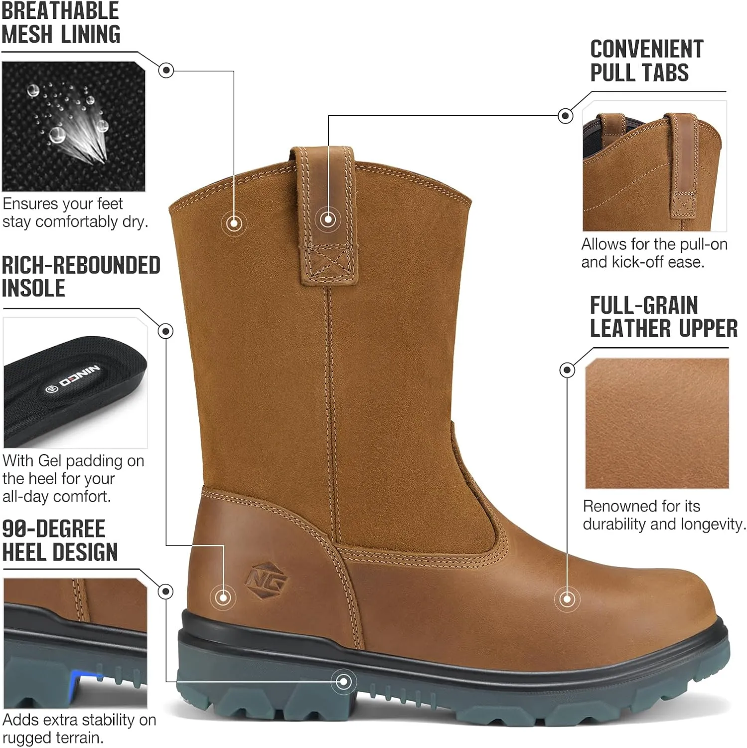 NINGO Steel Toe Work Boots for Men Women, Waterproof Wellington Boots with Full Grain Leather, Oil & Slip Resistant, High Rebound TPU SR Outsole Safety Boots, Pull On Work Boots for Construction, Farming