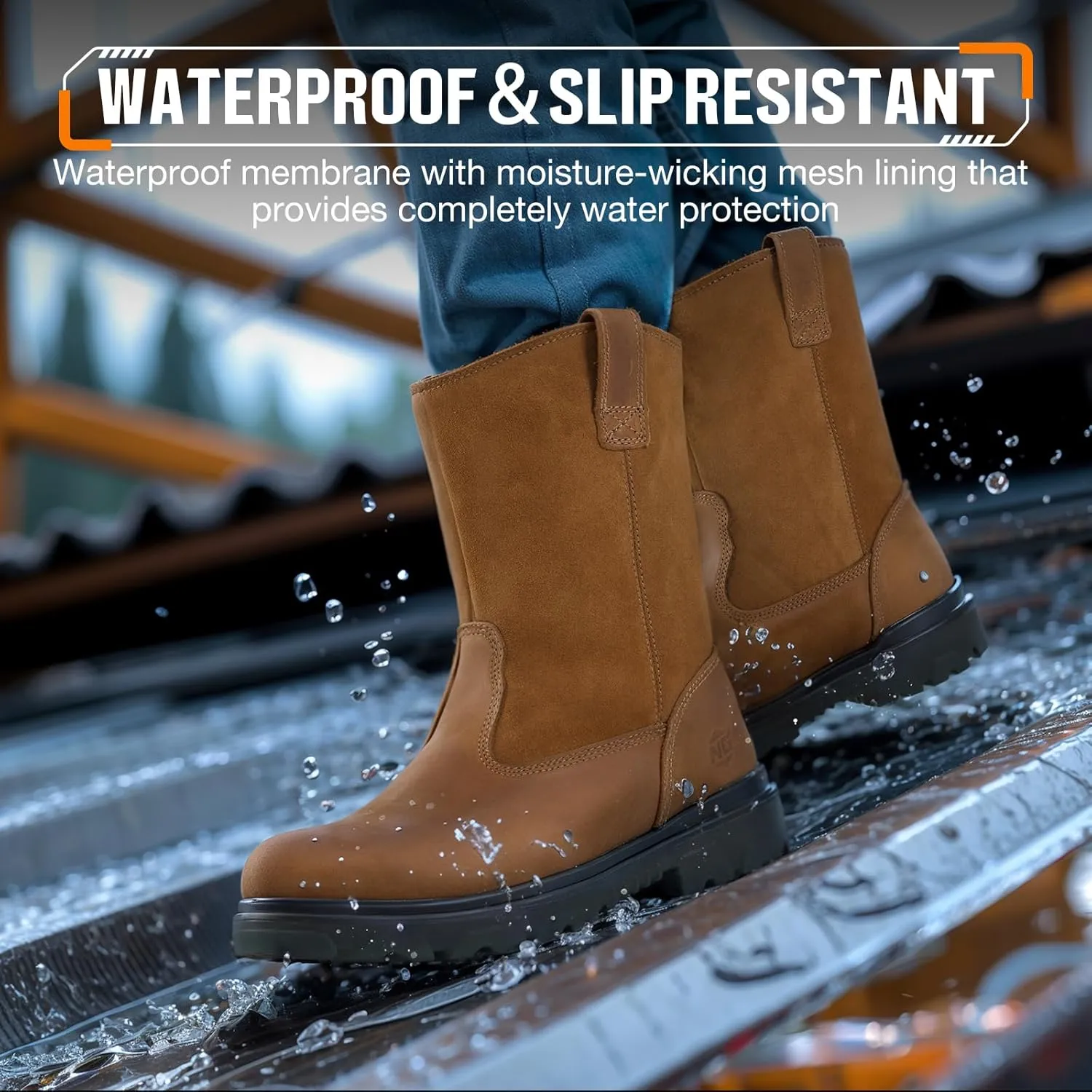 NINGO Steel Toe Work Boots for Men Women, Waterproof Wellington Boots with Full Grain Leather, Oil & Slip Resistant, High Rebound TPU SR Outsole Safety Boots, Pull On Work Boots for Construction, Farming