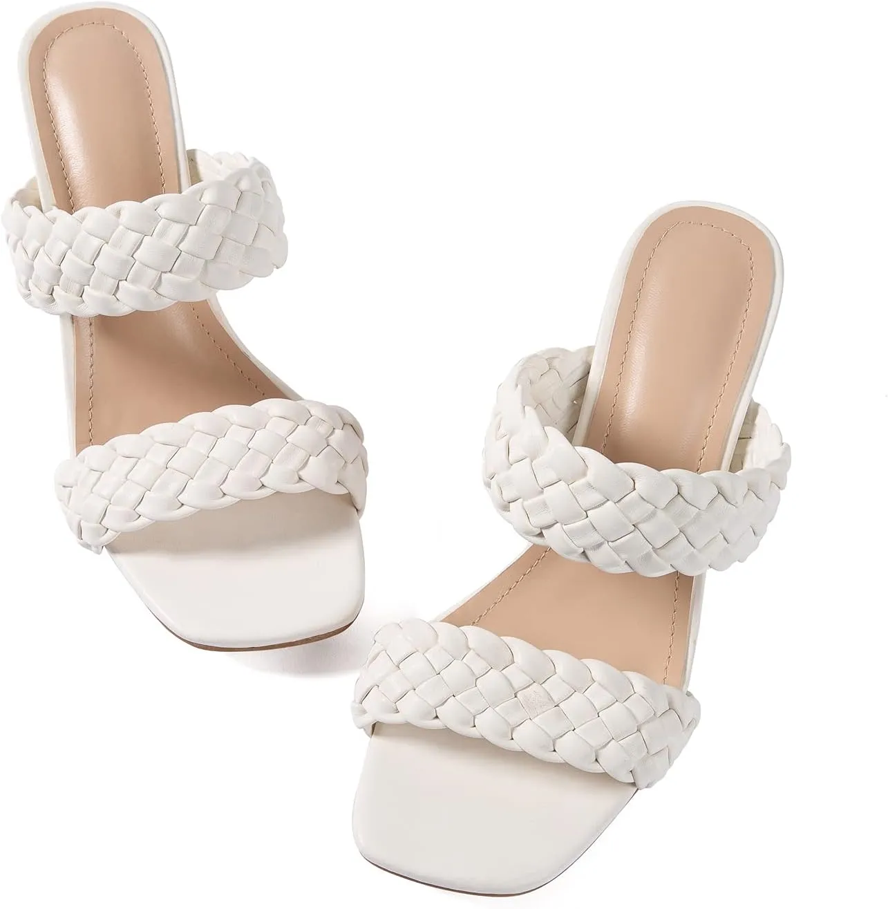N.N.G Women Heels Sandals Braided Block Nude Summer Chunky Square Leather Woven Comfort Strappy Dress Casual Pumps Mules