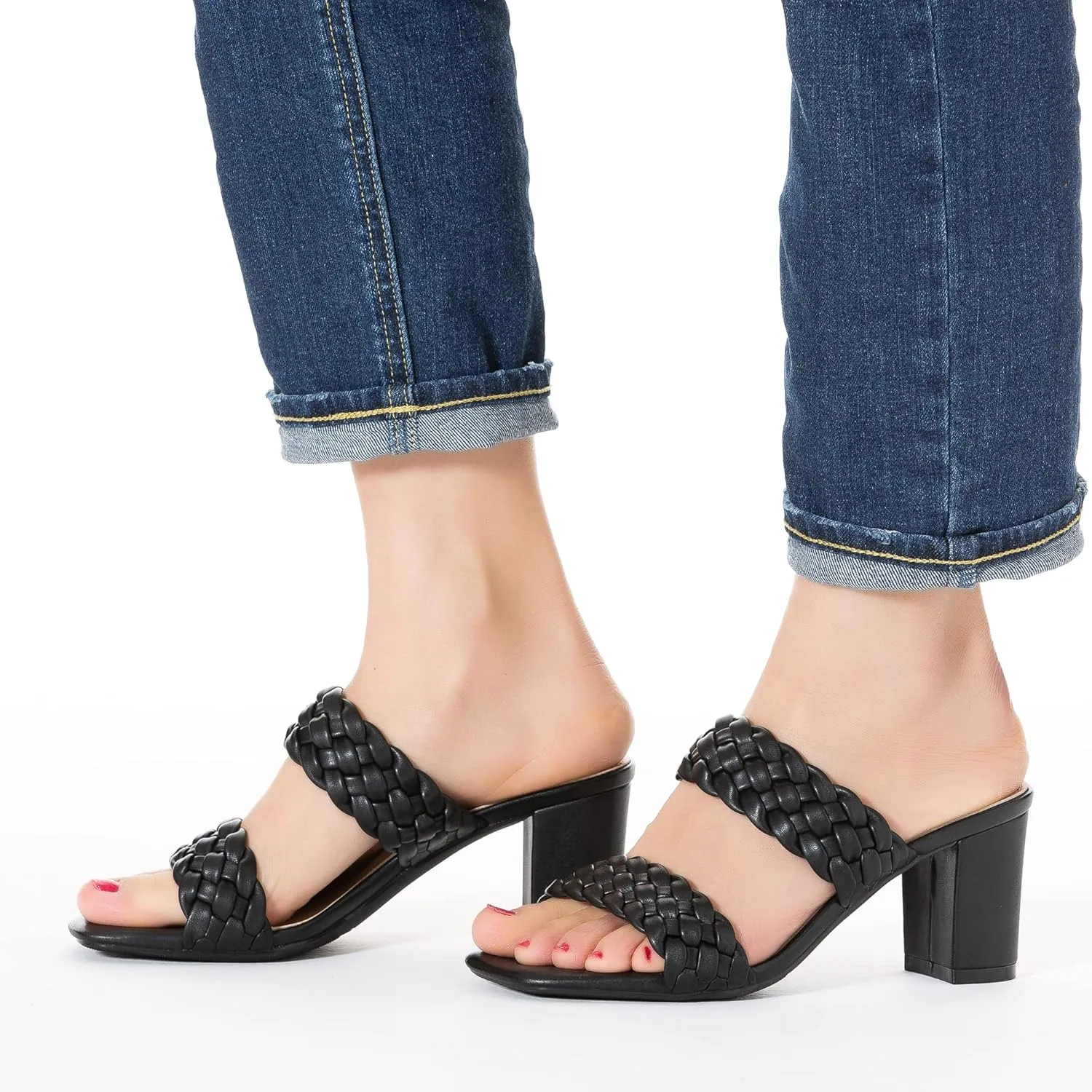 N.N.G Women Heels Sandals Braided Block Nude Summer Chunky Square Leather Woven Comfort Strappy Dress Casual Pumps Mules