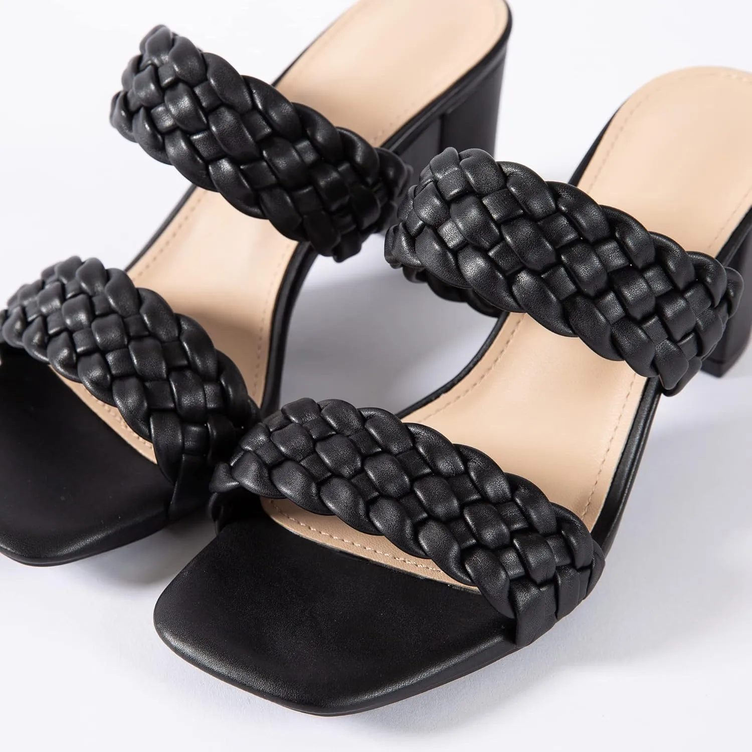 N.N.G Women Heels Sandals Braided Block Nude Summer Chunky Square Leather Woven Comfort Strappy Dress Casual Pumps Mules