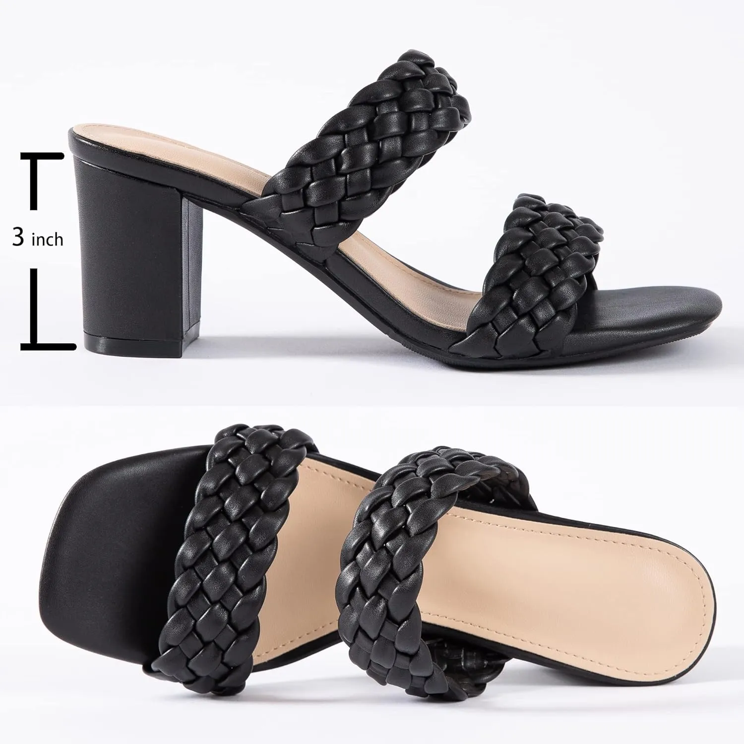 N.N.G Women Heels Sandals Braided Block Nude Summer Chunky Square Leather Woven Comfort Strappy Dress Casual Pumps Mules